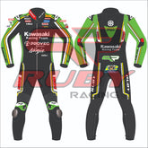 Front and back view of Alex Lowes' 2024 Kawasaki WSBK racing suit. The suit showcases a green, black, and yellow design with Kawasaki Racing Team branding, along with sponsor logos such as Motul, Showa, and Ruby Racing. Features include protective knee sliders and aerodynamic enhancements for high-performance racing