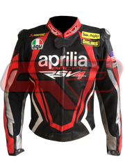 Front View of Aprilia Racing Motorcycle Leather Jacket – Red and Black Design with Detailed Logo Patches, Arm Protection, and Sleek Aerodynamic Style