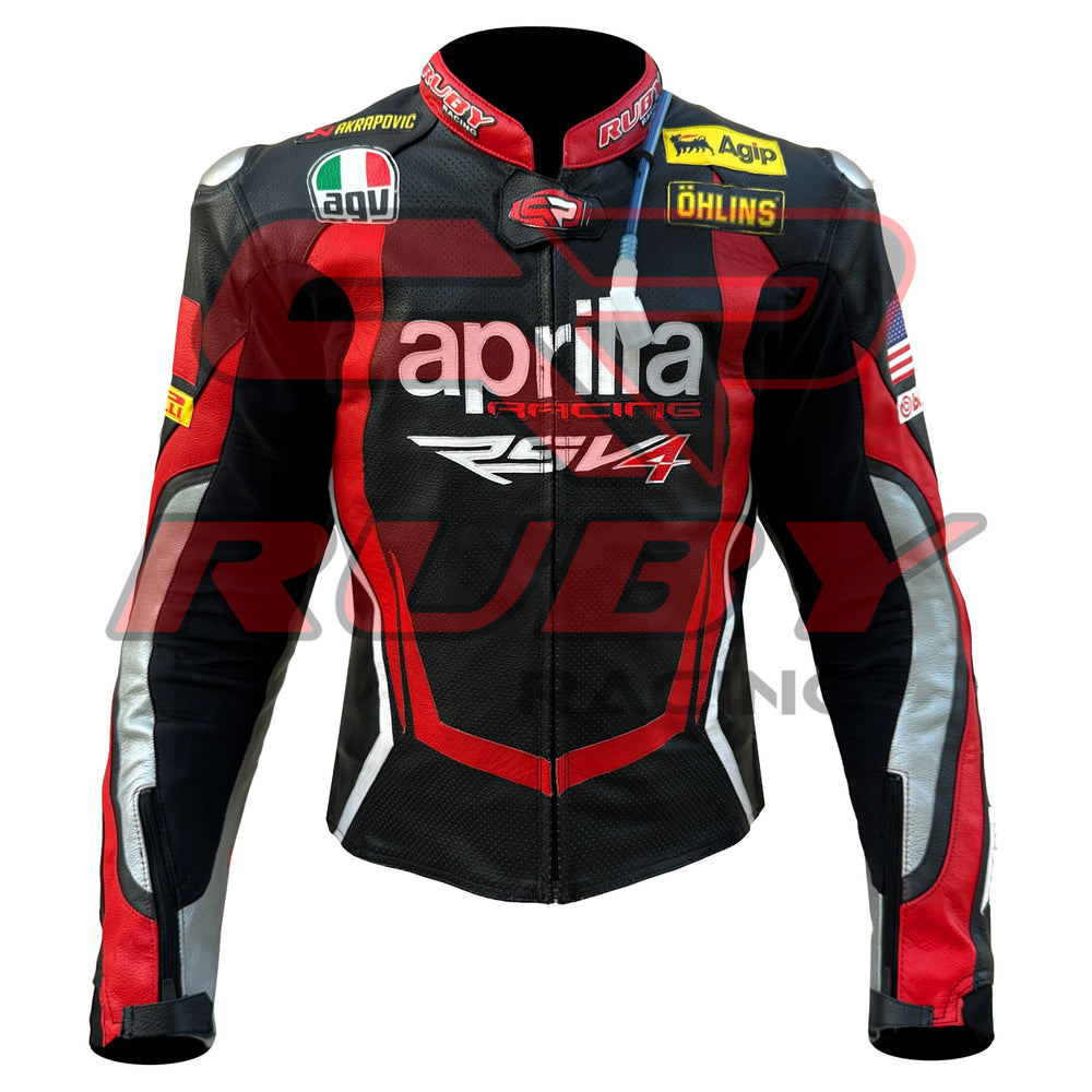 Front View of Aprilia Racing Motorcycle Leather Jacket – Red and Black Design with Detailed Logo Patches, Arm Protection, and Sleek Aerodynamic Style