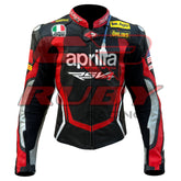 Front View of Aprilia Racing Motorcycle Leather Jacket – Red and Black Design with Detailed Logo Patches, Arm Protection, and Sleek Aerodynamic Style