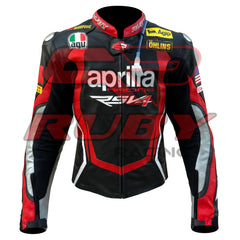 Front View of Aprilia Racing Motorcycle Leather Jacket – Red and Black Design with Detailed Logo Patches, Arm Protection, and Sleek Aerodynamic Style