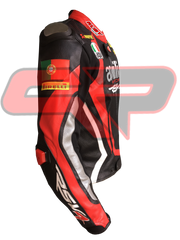 Side View of Aprilia Racing Motorcycle Leather Jacket – Red and Black Design with Detailed Logo Patches, Arm Protection, and Sleek Aerodynamic Style