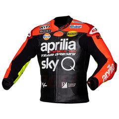 Left Side View of Aprilia Racing SkyQ Leather Jacket – Red and Black Design with Sponsor Logos, Arm Branding, and Ergonomic Fit for Riders