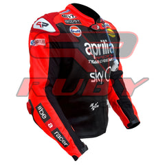 Front Side View of Aprilia Racing SkyQ Leather Jacket – Red and Black Design with Sponsor Logos, Arm Branding, and Ergonomic Fit for Riders