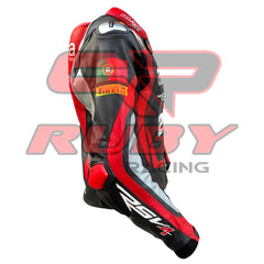 Side View of Aprilia Racing Motorcycle Leather Jacket – Red and Black Design with Detailed Logo Patches, Arm Protection, and Sleek Aerodynamic Style