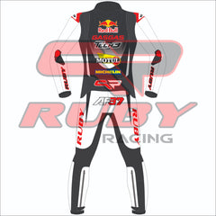 Back view of the Augusto Fernandez Red Bull Gasgas racing suit for the 2024 British GP. The suit features a black and white color scheme with red accents. Prominent logos include Red Bull, GASGAS, and sponsors such as Tech3, Motul, and Michelin displayed on the back. The rider's initials 'AF37' are visible at the lower back, and the suit includes red elbow sliders with 'Ruby' branding on the arms and legs