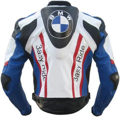 Back View of BMW 3ASY Racing Leather Jacket - White leather jacket with blue and red accents, featuring the iconic BMW 3ASY logo on the chest, along with sponsor logos like Castrol, Akrapovic, and 3asy Ride.