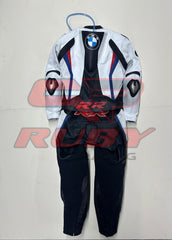 Back view of the BMW Double R Men's Motorbike Race Suit in white, black, red, and blue. Features the BMW logo on the upper back and 'RR' branding on the lower back. The suit includes reinforced padding on the shoulders, elbows, and back for enhanced protection, designed for high-performance motorcycle racing.