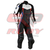 Front view of the BMW Double R Men's Motorbike Race Suit. The suit features white, black, red, and blue accents with prominent BMW Motorrad branding on the chest and sleeves. Designed for racing, it includes padded protection on the shoulders, elbows, and knees, combining safety with a sleek, aerodynamic design