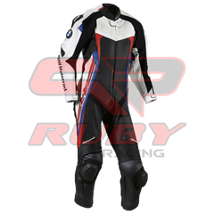 Front view of the BMW Double R Men's Motorbike Race Suit. The suit features white, black, red, and blue accents with prominent BMW Motorrad branding on the chest and sleeves. Designed for racing, it includes padded protection on the shoulders, elbows, and knees, combining safety with a sleek, aerodynamic design
