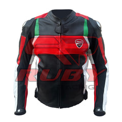Front view of the Ducati Corse C3 Leather Motorbike Jacket in black, red, and white with green accents. The jacket prominently displays the Ducati Corse logo on the chest and is crafted from premium leather, offering a stylish and protective design for motorcycle enthusiasts