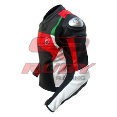 Side view of the Ducati Corse C3 Leather Motorbike Jacket in black, red, and white with green accents. The image highlights the Ducati Corse logo on the chest and the protective shoulder armor, emphasizing the jacket's sporty design and durability for motorcycle riding.