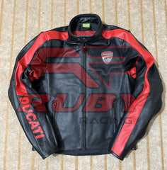 Front View of Ducati C4 Motorcycle Leather Jacket – Black and Red Design Featuring Ducati Logo, Premium Perforated Leather, and Stylish Fit for Riders