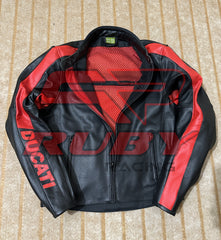 Front View of Ducati C4 Motorcycle Leather Jacket – Black and Red Design Featuring Ducati Logo, Premium Perforated Leather, and Stylish Fit for Riders