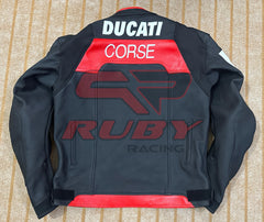 Back view of the Ducati Corse C5 Men's Motorcycle Leather Jacket in black with red and white accents. Features bold 'Ducati' branding across the upper back and 'Corse' in the center. Made from high-quality leather, designed for motorcycle enthusiasts prioritizing style and protection.