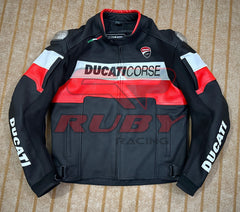 Front view of the Ducati Corse C5 Men's Motorcycle Leather Jacket in black with red and white accents. Features prominent 'Ducati Corse' branding on the chest and 'Ducati' on the sleeves. Crafted from premium leather, designed for both style and rider protection.