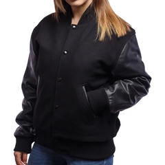 Women Black Varsity Jacket Front Closed