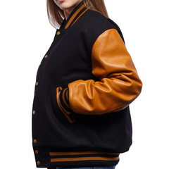Women Black Orange Varsity Jacket Left View
