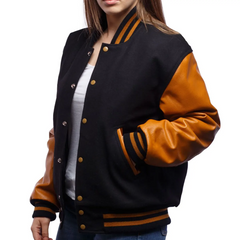 Women Black Orange Varsity Jacket Left View-2