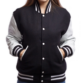 Women Black White Varsity Jacket Front View