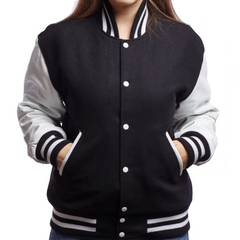 Women Black White Varsity Jacket Front View