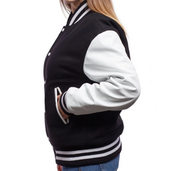Women Black White Varsity Jacket Left View