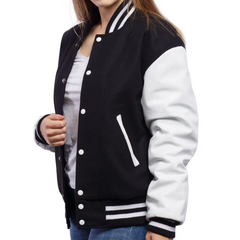 Women Black White Varsity Jacket Left View-2