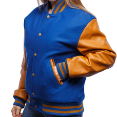 Women Blue Brown Varsity Jacket Left View