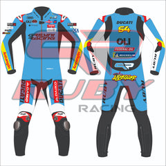 Front and back view of a blue, white, and black motorcycle racing suit featuring sponsor logos such as Gresini Racing, Ducati, Daiko, OLI, Federal Oil, Michelin, Antangin, Bold, and Ruby. The suit also displays the number 54 on the back and includes protective features like knee sliders and shoulder/elbow/knee armor indicated by visible padding.