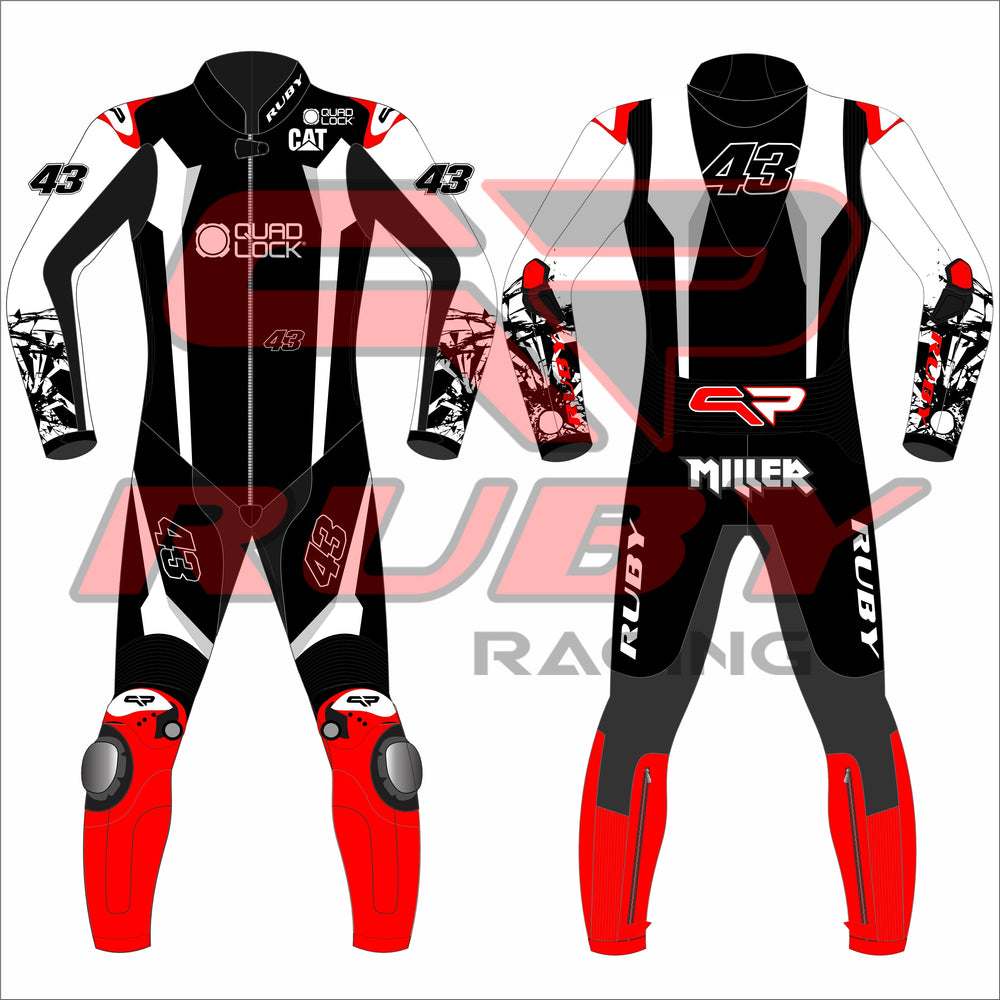 front and rear view of Jack Miller Yamaha MotoGP 2025 leather racing suit with Quad Lock and CAT sponsor logos, number 43, Ruby Racing logos on legs and arms, detailed sleeve artwork, and red knee sliders – premium motorsport gear.