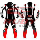 front and rear view of Jack Miller Yamaha MotoGP 2025 leather racing suit with Quad Lock and CAT sponsor logos, number 43, Ruby Racing logos on legs and arms, detailed sleeve artwork, and red knee sliders ā premium motorsport gear.