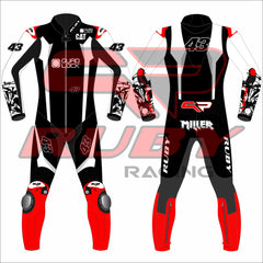 front and rear view of Jack Miller Yamaha MotoGP 2025 leather racing suit with Quad Lock and CAT sponsor logos, number 43, Ruby Racing logos on legs and arms, detailed sleeve artwork, and red knee sliders – premium motorsport gear.