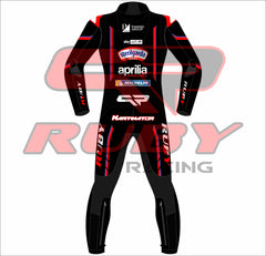Back view of Jorge Martin Aprilia MotoGP 2025 race suit in black with red accents, featuring sponsor logos from Piaggio Group, Sterilgarda, Aprilia Racing, Michelin, and the MARTINATOR branding on the lower back – customized by RUBY Racing.