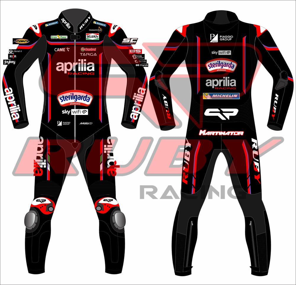Full front and back view of Jorge Martin’s 2025 Aprilia MotoGP leather race suit designed by RUBY Racing, showcasing red and black panels, logos from Aprilia, Sterilgarda, Michelin, and MARTINATOR branding, with reinforced knee sliders and aerodynamic fit.