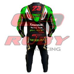Back view of a Kawasaki Racing Team leather motorcycle suit showcasing green and black panels, red number '23', and sponsor logos such as Ruby, Niobium, and Showa.