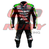 Front view of a Kawasaki Racing Team leather motorcycle suit featuring black, green, and white accents, with sponsor logos like Provec, Ninja, and Motul prominently displayed