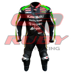 Front view of a Kawasaki Racing Team leather motorcycle suit featuring black, green, and white accents, with sponsor logos like Provec, Ninja, and Motul prominently displayed