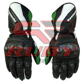 Front View of Kawasaki Leather Motorcycle Gloves – Black, Green, and White Style with Carbon Fiber Knuckle Guards and Improved Grip for Superior Safety and Comfort