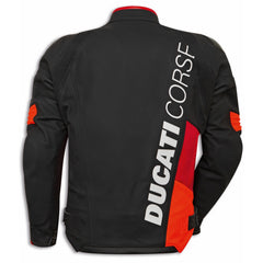 Back view of a Ducati Corse C6 motorbike jacket in black, red, and orange leather, featuring bold 'Ducati Corse' branding. The jacket includes accordion-style stretch panels for improved mobility and comfort, designed for performance and style during rides.
