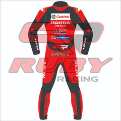 Back view of Luca Marini's 2025 MotoGP Honda Castrol race suit in vibrant red with black and orange detailing, showcasing Castrol, Honda, HRC, and Michelin logos, RUBY branding on the arms and legs, and MARINI name patch on the lower back.