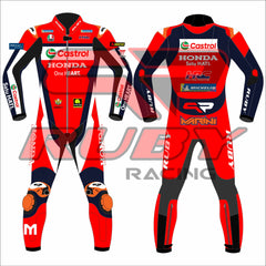 Front and rear views of the 2025 Luca Marini MotoGP Honda Castrol leather race suit by RUBY. Features red, black, and navy design with sponsor logos from Castrol, VR46, MotoGP, and Michelin. Includes custom knee armor with 'M' branding and MARINI name on the back.