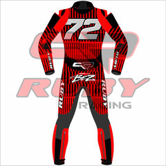 Back view of Marco Bezzecchi Barcelona Winter Test 2025 MotoGP Racing Suit, showcasing vibrant red and black stripes with logos and number 72.