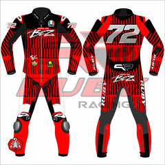 Front and back view of Marco Bezzecchi Barcelona Winter Test 2025 MotoGP Racing Suit, featuring red and black graphics, number 72, and knee sliders.
