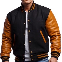 Mens Black Brown Varsity Jacket Front Open