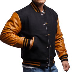 Mens Black Brown Varsity Jacket Front View-3