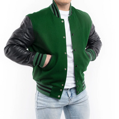 Mens Green Black Varsity Jacket Front Open