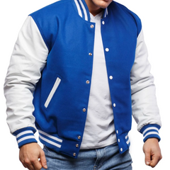 Mens Blue White Varsity Jacket Front Open