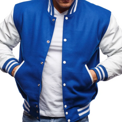 Mens Blue White Varsity Jacket Front View-2