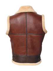 Mens Genuine Sheepskin Real Fur Leather Brown Waistcoat Back