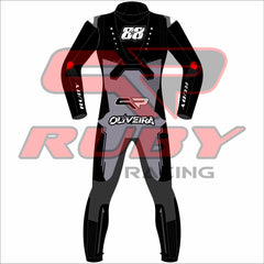 Back view of Miguel Oliveira's 2025 MotoGP test race suit in black and grey with white detailing, customized by Ruby Racing featuring Oliveira's name and number 88.